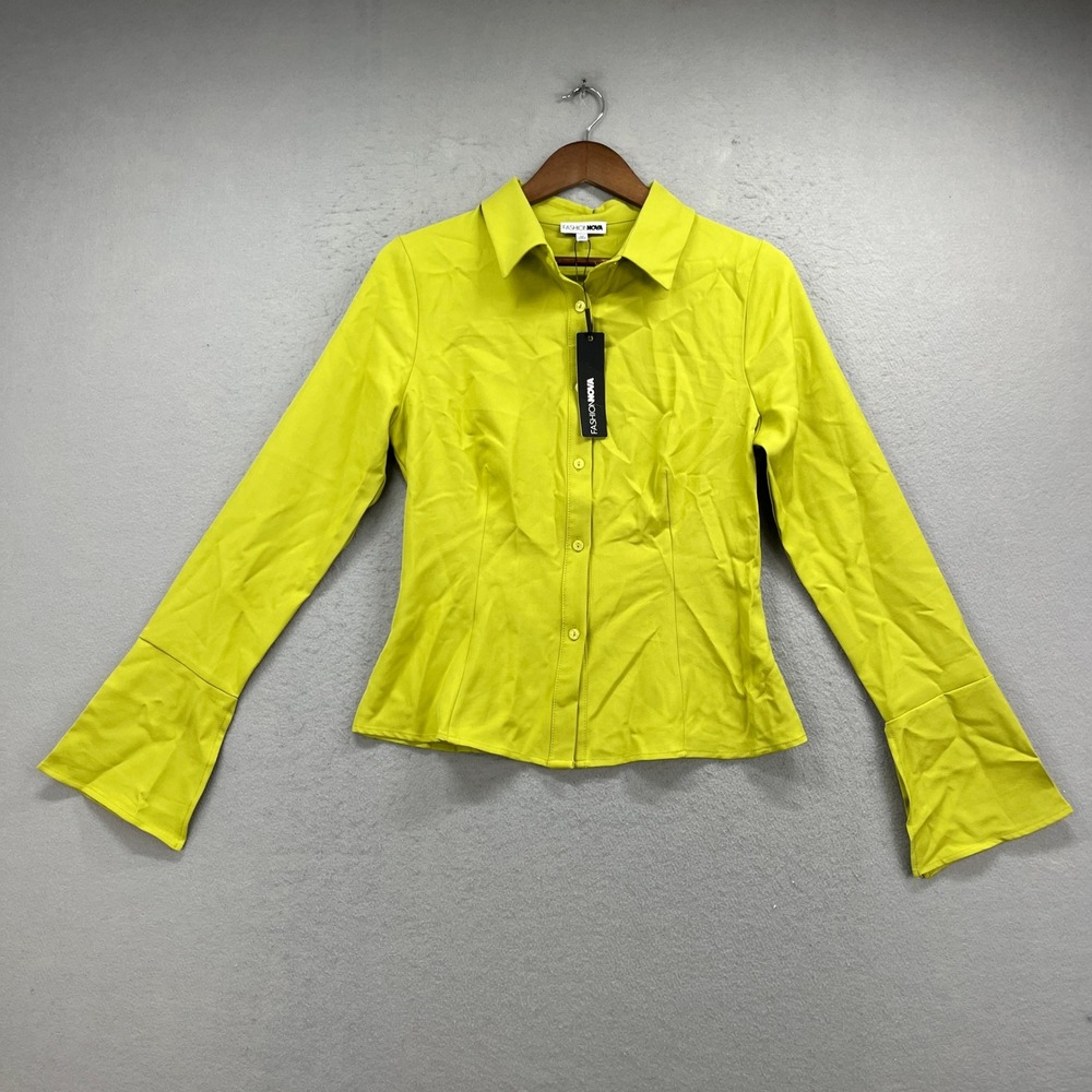 Fashion Nova Set For Life Shirt Womens Medium Chartreuse Bell Sleeve Y2K Retro